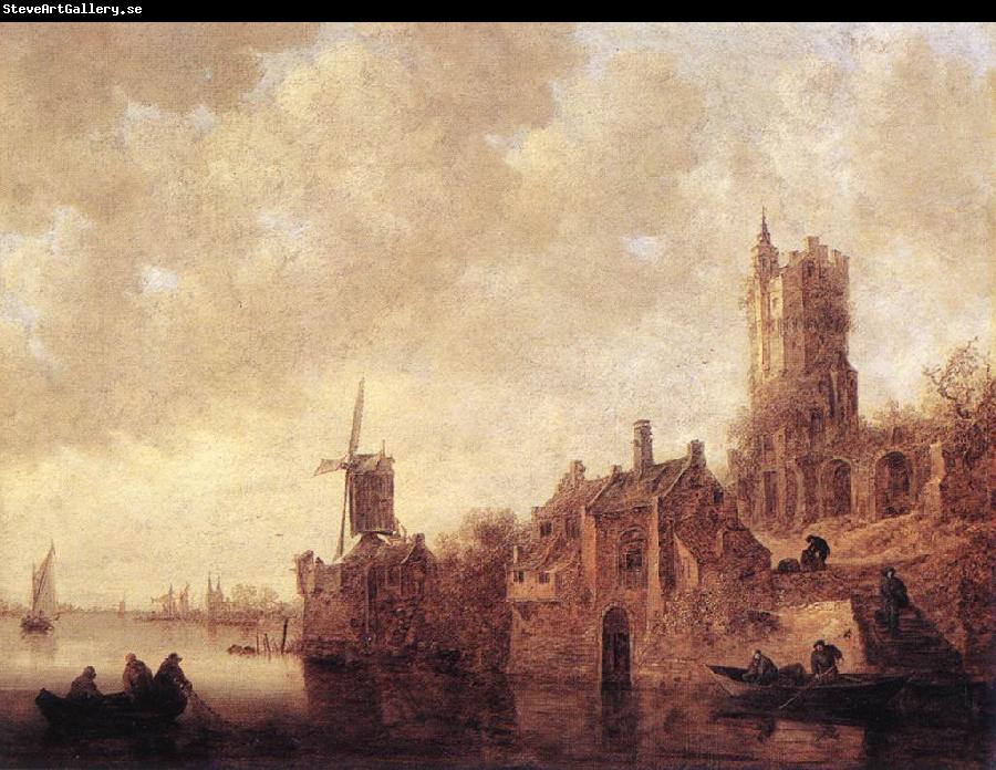 GOYEN, Jan van River Landscape with a Windmill and a Ruined Castle sdg